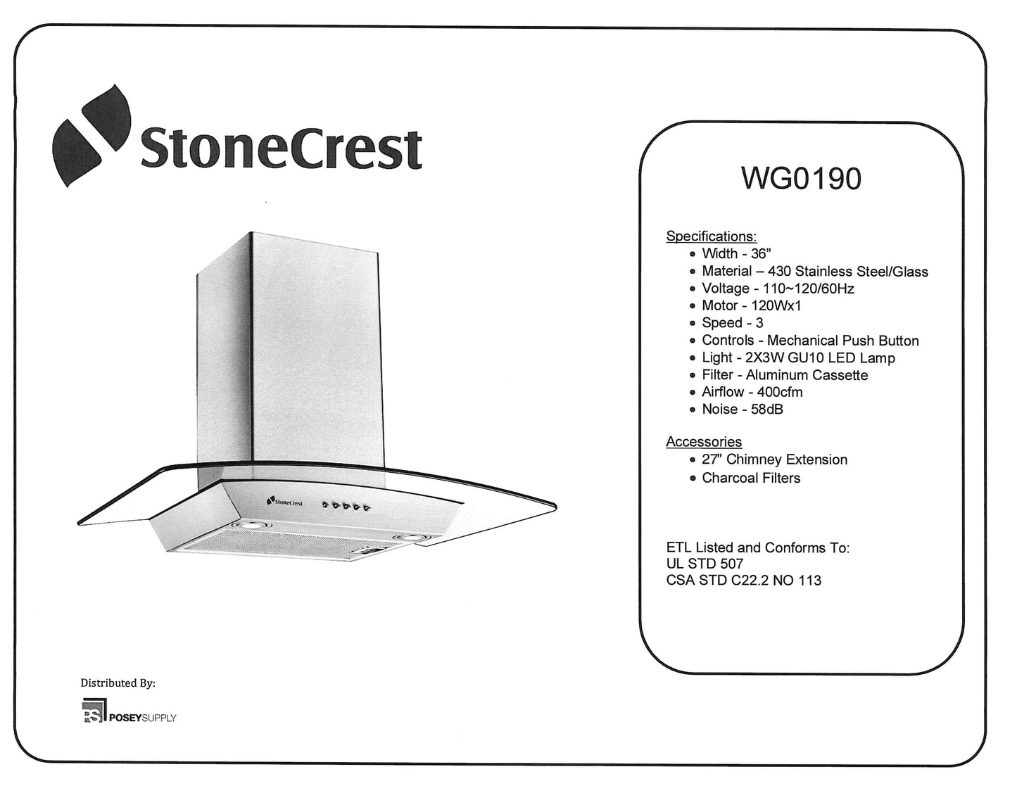 WG0190 36" Glass Range Hood w LED