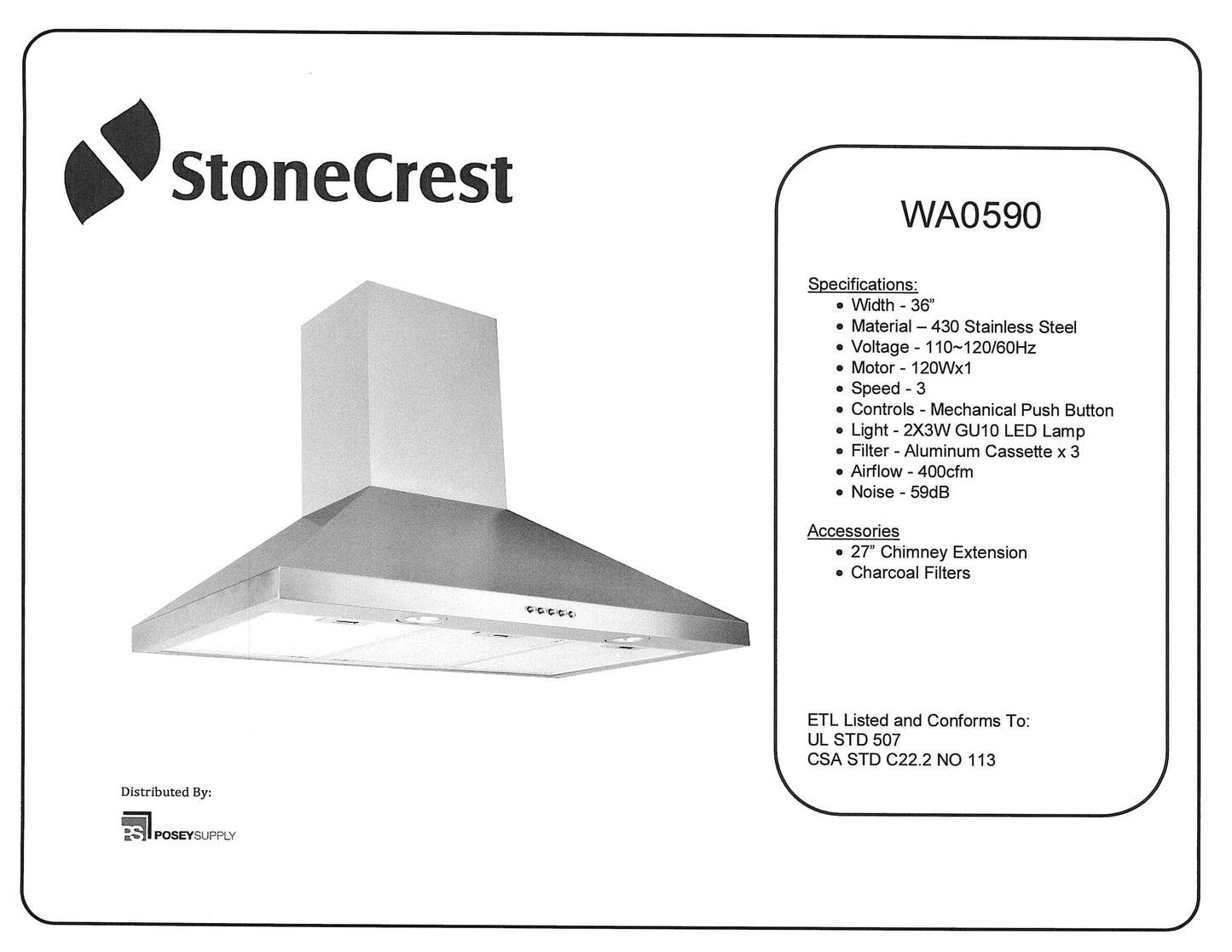 WA0590 36" Stainless Steel Range Hood