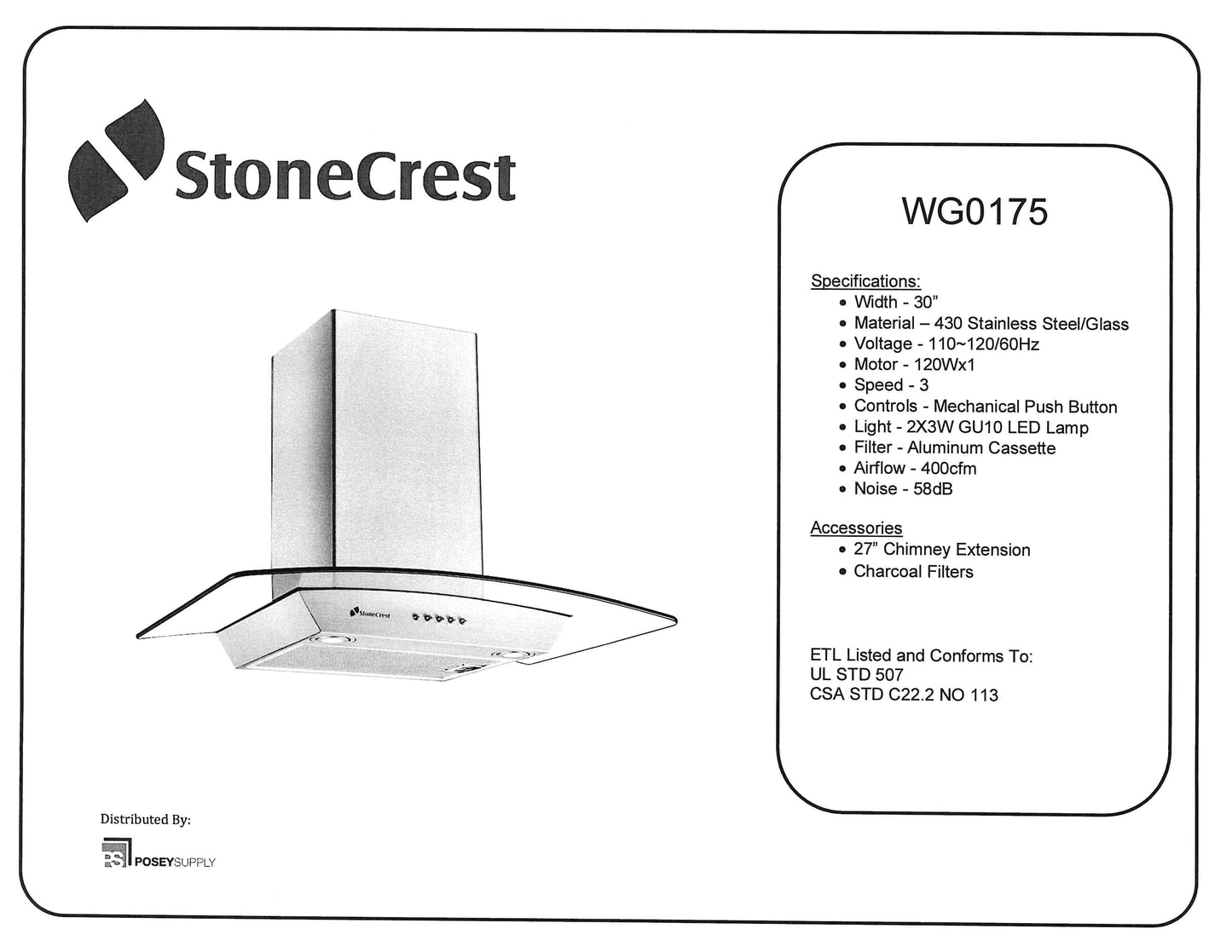 WG0175    30" Glass Range Hood