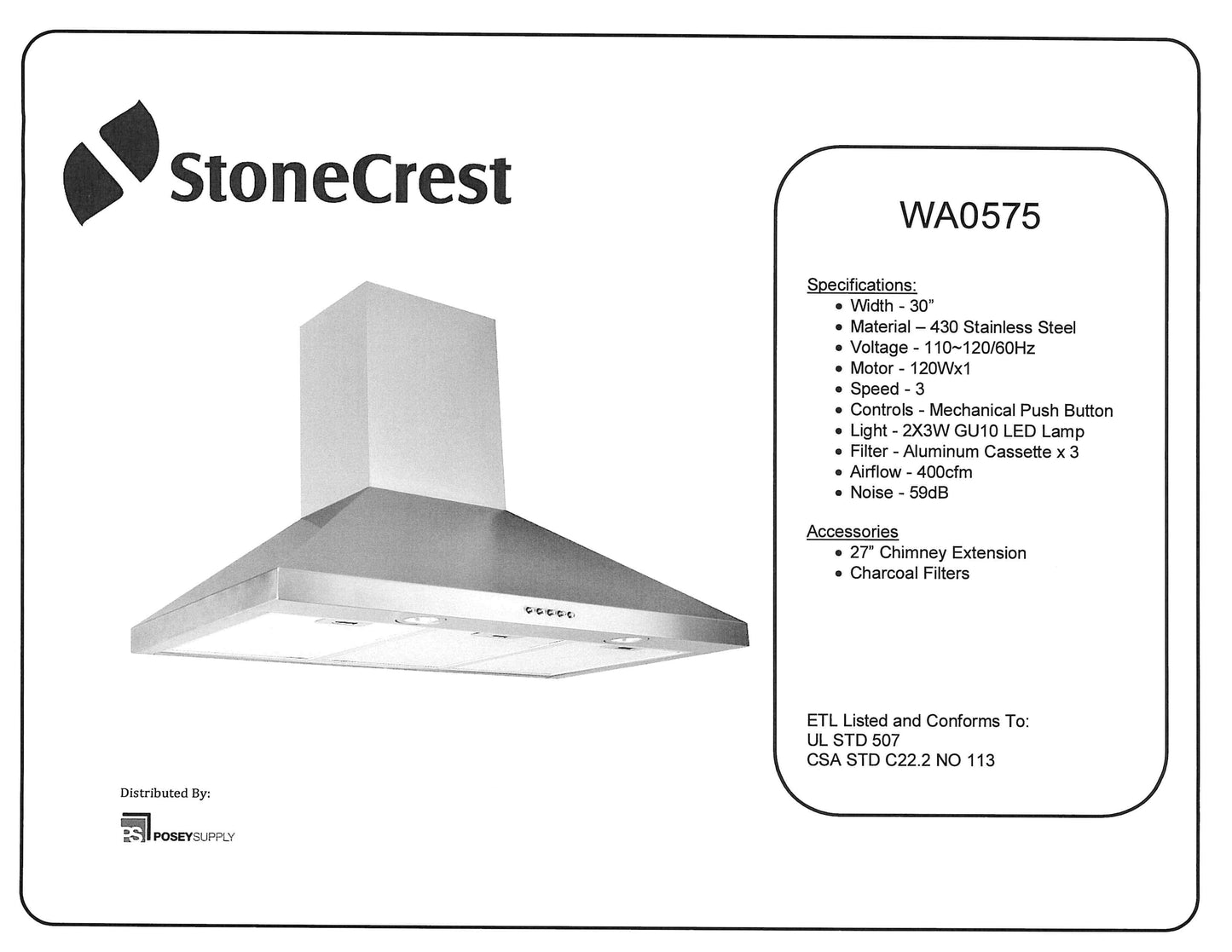 WA0575 - 30" Stainless Range Hood